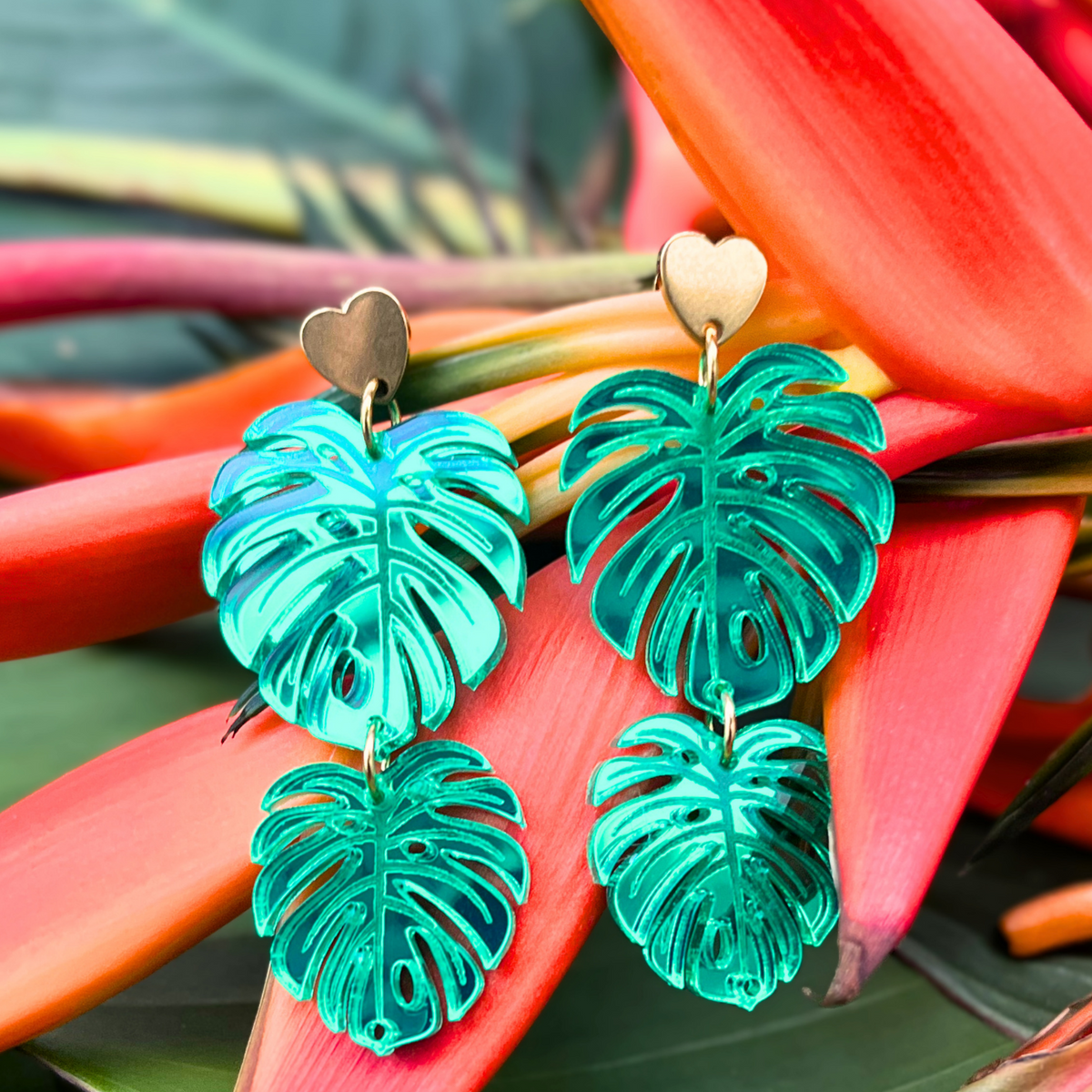 Boucles d'oreilles MONSTERA vert miroir