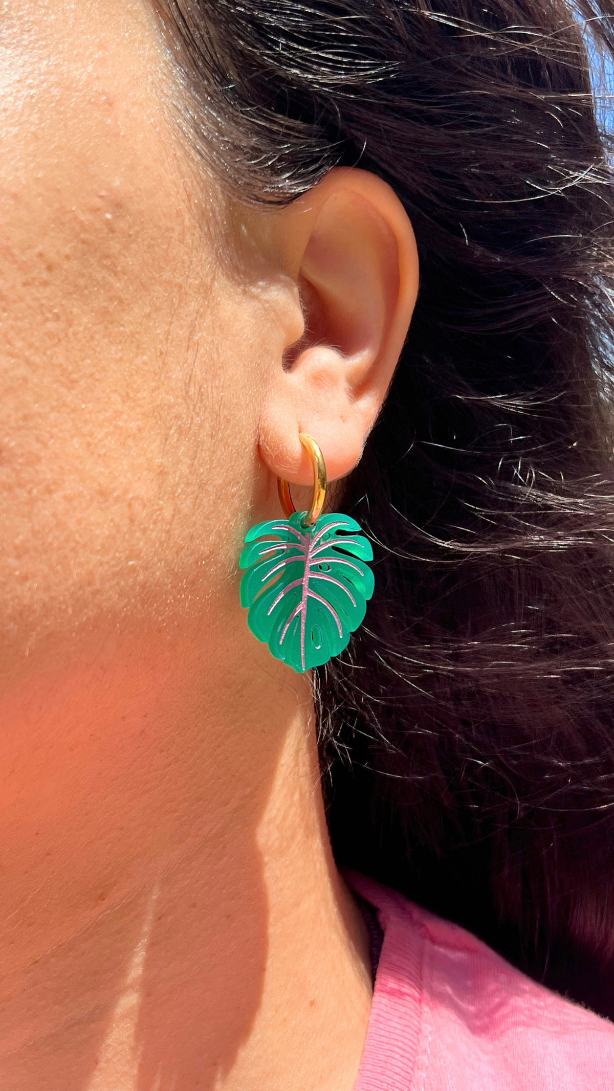 Créoles MONSTERA vert/rose